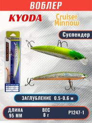 Воблер KYODA Cruiser Minnow-95SP, длина 9,5 см, вес 8.0 гр цвет P1247-1, заглубление 0,5-0,6 м